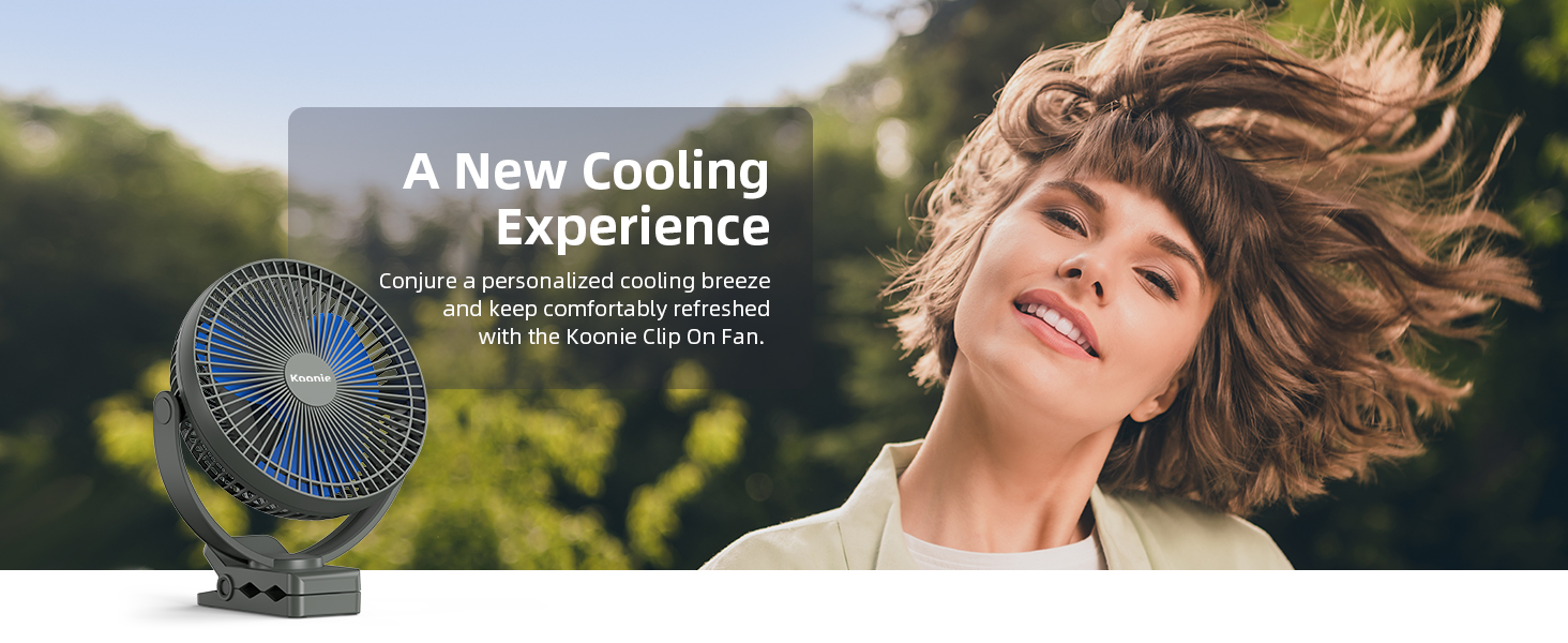 Portable electric fan with blue blades shown against outdoor nature background, featuring 'A New Cooling Experience' messaging and product display.
