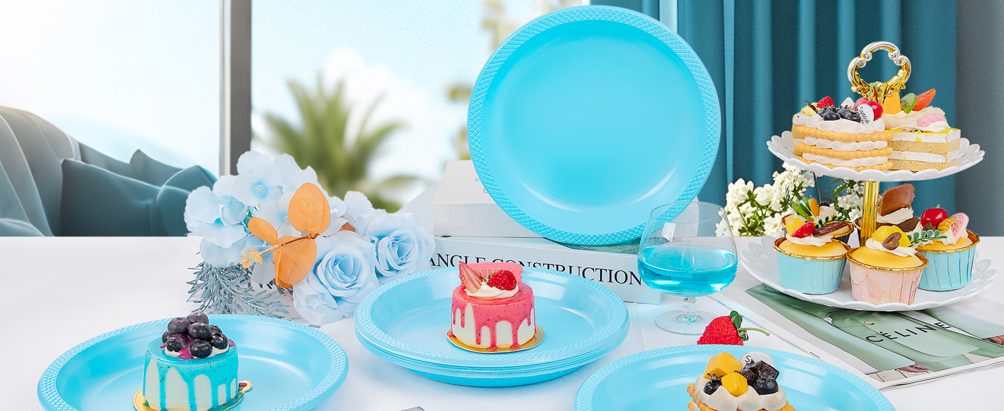 blue plastic plates disposable for party