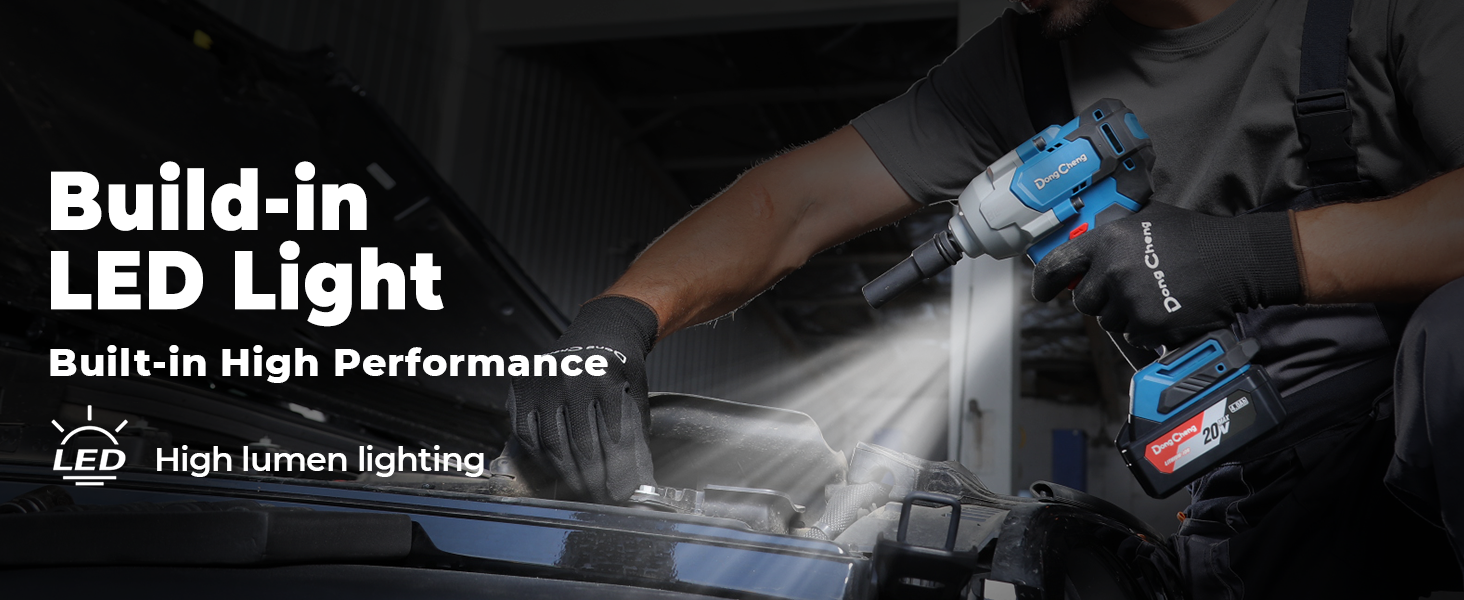 Text reads 'Build-in LED Light' and 'Build-in High Performance'. Product marketing banner showing dark background with blue lighting effects.