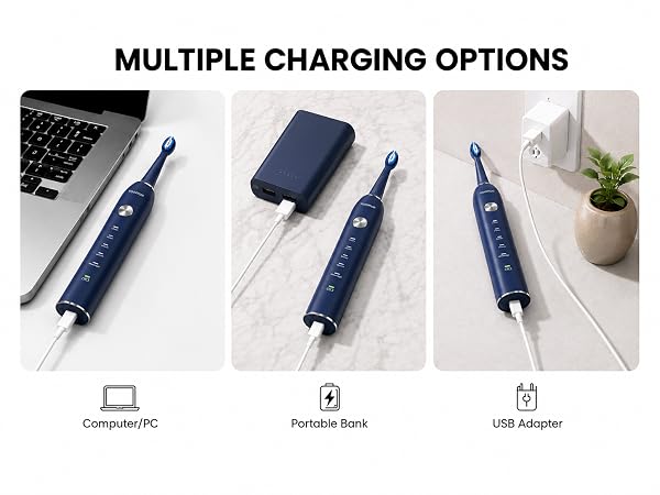 Text reads 'MULTIPLE CHARGING OPTIONS'. Three photos showing dark blue electronic device being charged via Computer/PC, Portable bank, and USB adapter. Icons below indicate three charging methods.