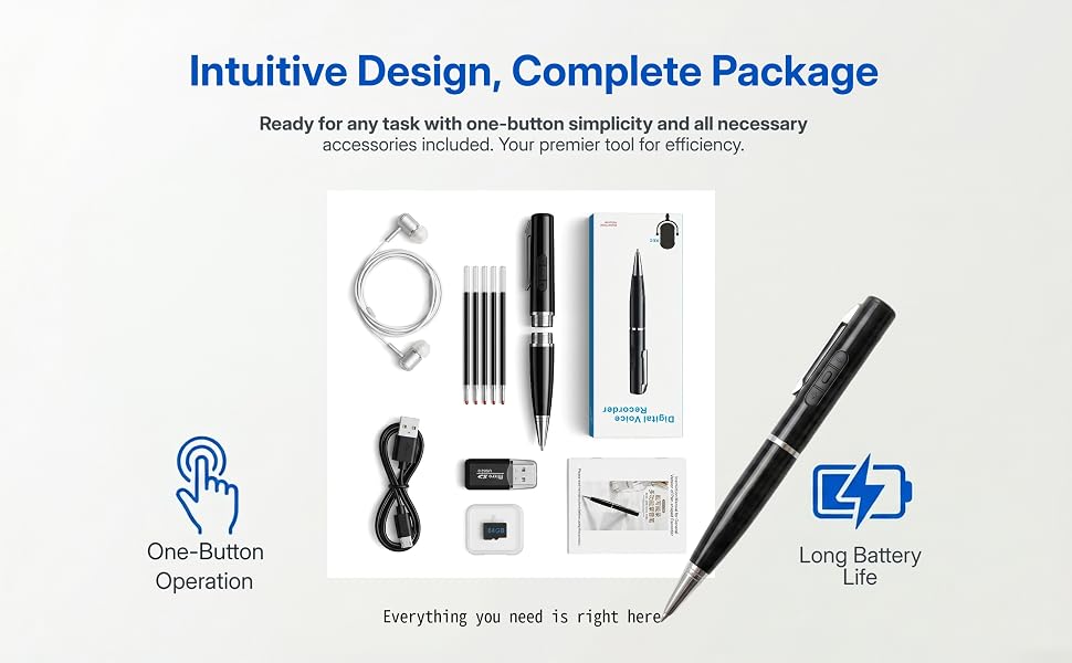Voice recorder pen with accessories: refills, earphones, cable; one-button operation, long battery