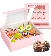 RYDDOY 4 Pack Cupcake Boxes, Hold 12 Standard Cupcakes, Pink Cupcake Containers, Cupcake Holder w...