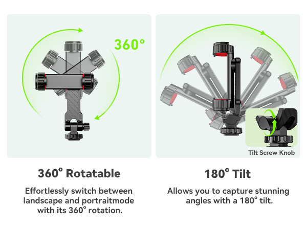 Camera mount with 360° rotation and 180° tilt capabilities. Left panel shows top-down view of rotatable base. Right panel displays tilting mechanism with adjustable knob.
