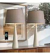 Oneach 25.75" White Table Lamp Set of 2, Modern Vintage Bedside Table Lamps with USB Ports, Tradi...