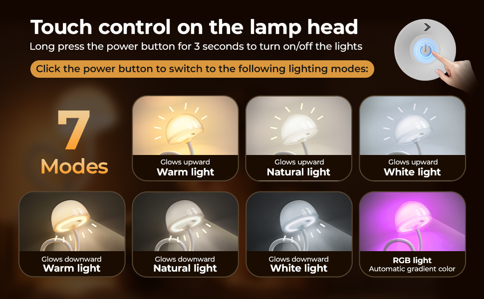 Touch control of the lamp head to adjust various lighting modes