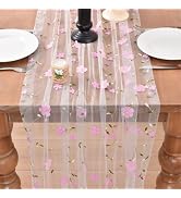 Joanlody Pink Spring Summer Table Runner 10ft Embroidery Floral Wildflowers Seasonal Rustic Gauze...