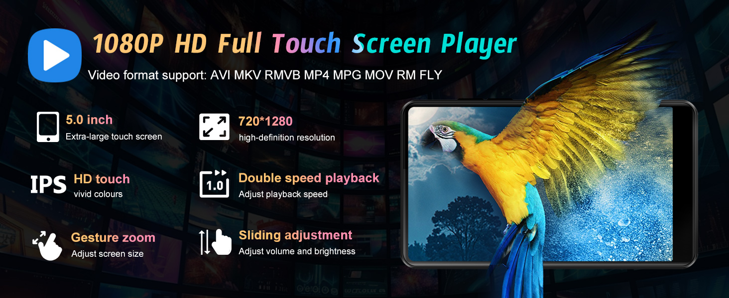 Text reads '1080P HD Full Touch Screen Phone' followed by technical specification icons showing features like HD display and touch capabilities across dark interface panels.