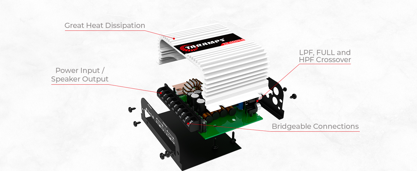 3D Side view of Taramps TS 400x4 400W RMS car audio amplifier with connections