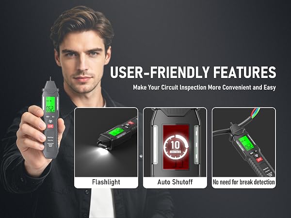 Text reads 'USER-FRIENDLY FEATURES', 'Make Your Great Vacation More Convenient and Tidy'. Male face shown holding green object with product features displayed: packaging, anti-theft design, suitable for outdoor use.