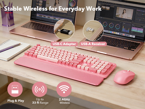 Plug-and-play 2.4GHz wireless with USB-A receiver and USB-C adapter delivers a stable connection