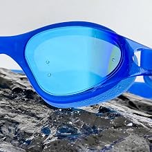Blue Mirror finish goggles on obsidian rock with water droplets on lenses