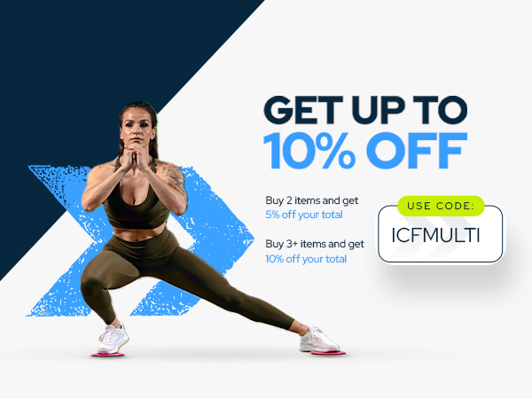 Text reads 'GET UP TO 10% OFF', 'Buy 2 items and get', 'Buy 3+ items and get', 'ICFMULTI' and 'USE CODE'. Promotional banner with blue geometric design elements.
