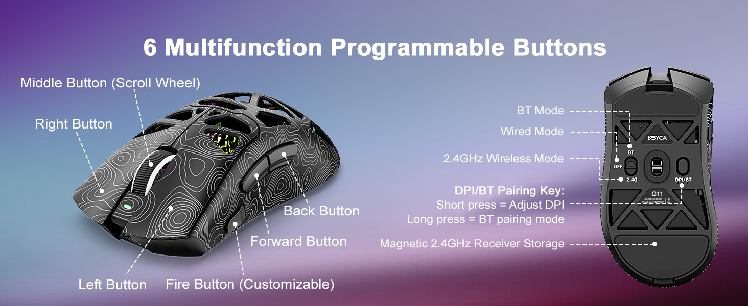 Wireless mouse with 6 programmable buttons for customized macros and faster in-game actions