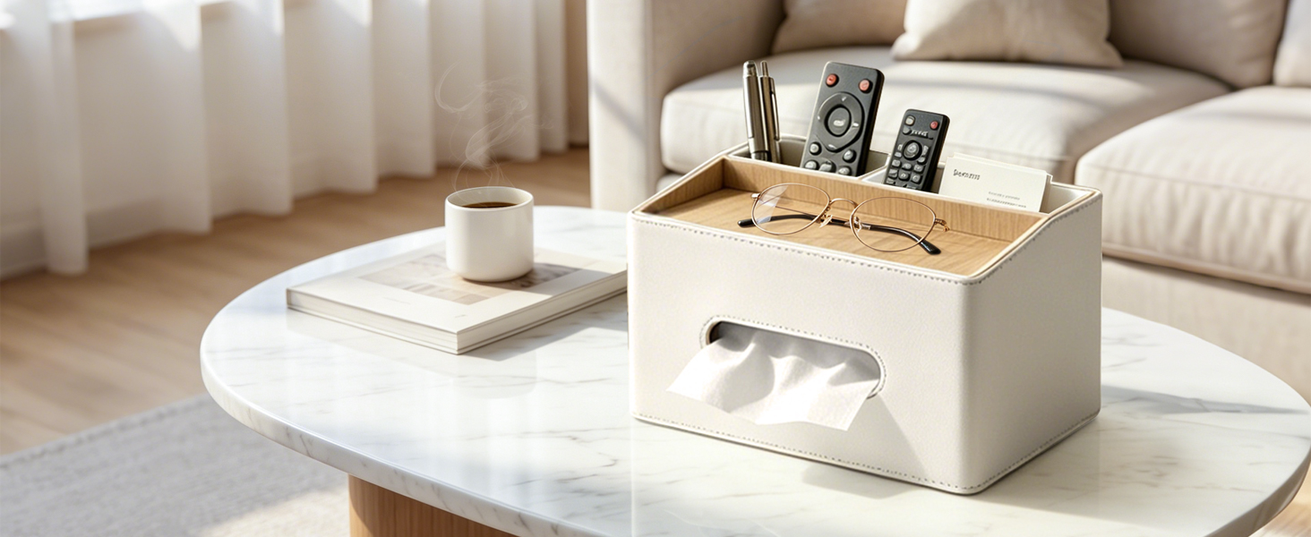 Fanousy Rectangular Tissue Box Cover, PU Leather Facial Tissue Holder with Storage Tray