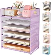 Subekyu 6 Tier Paper File Tray Organizer for Desk, Purple Mesh Desk Letter Paper File Folder Acce...