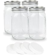 Yodecy 4 Pack 32 oz Clear Wide Mouth Mason Jars with Airtight Lids and White Plastic Mason Jar Li...
