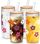 ANOTION Cute Glass Cups with Lids and Straws, Mason Jars with Flower Design, Bamboo Lid, Iced Cof...