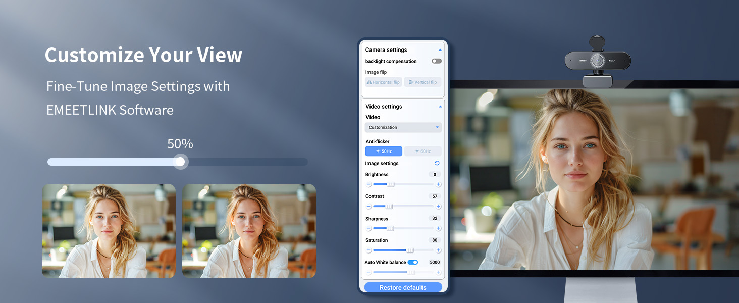 EMEETLINK software allows users to instantly modify video output settings NOVA Webcam 4K