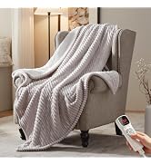BEARKISS Electric Heated Blanket,50"x60" Heating Throw Flannel Light Grey | ETL Certified 9 Setti...