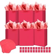qiqee 24pcs Wine Red Gift Bags with Tissue Paper for Wedding, Birthday, Party Supplies-7.9"x4.3"x...