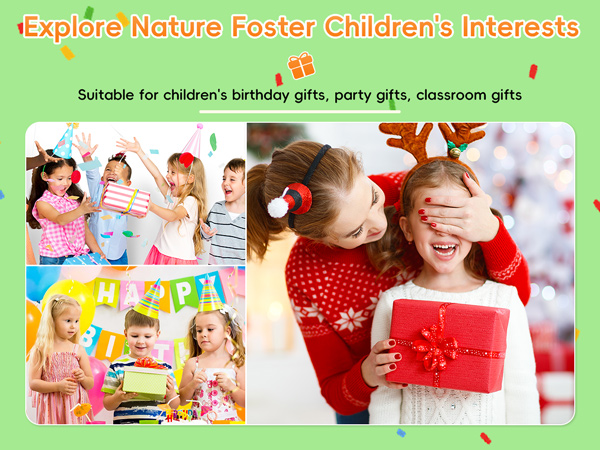 Text reads 'Explore Nature Foster Children's Interests' and 'Suitable for children's birthday gifts, party gifts, classroom gifts'. Collage of children engaged in various activities.