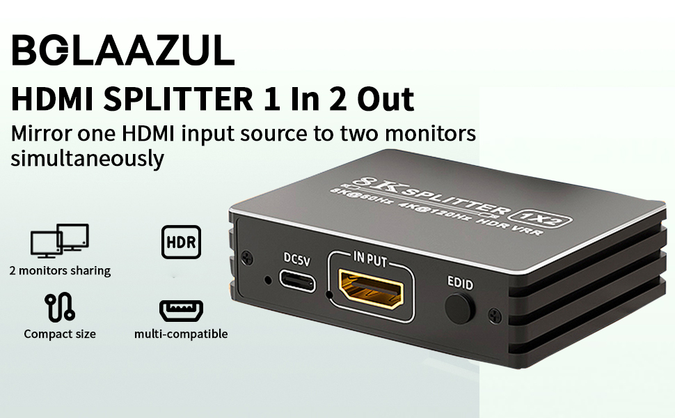 BGLAAZUL HDMI splitter device in black housing, featuring 1-in-2-out configuration with multiple ports and HDR compatibility.