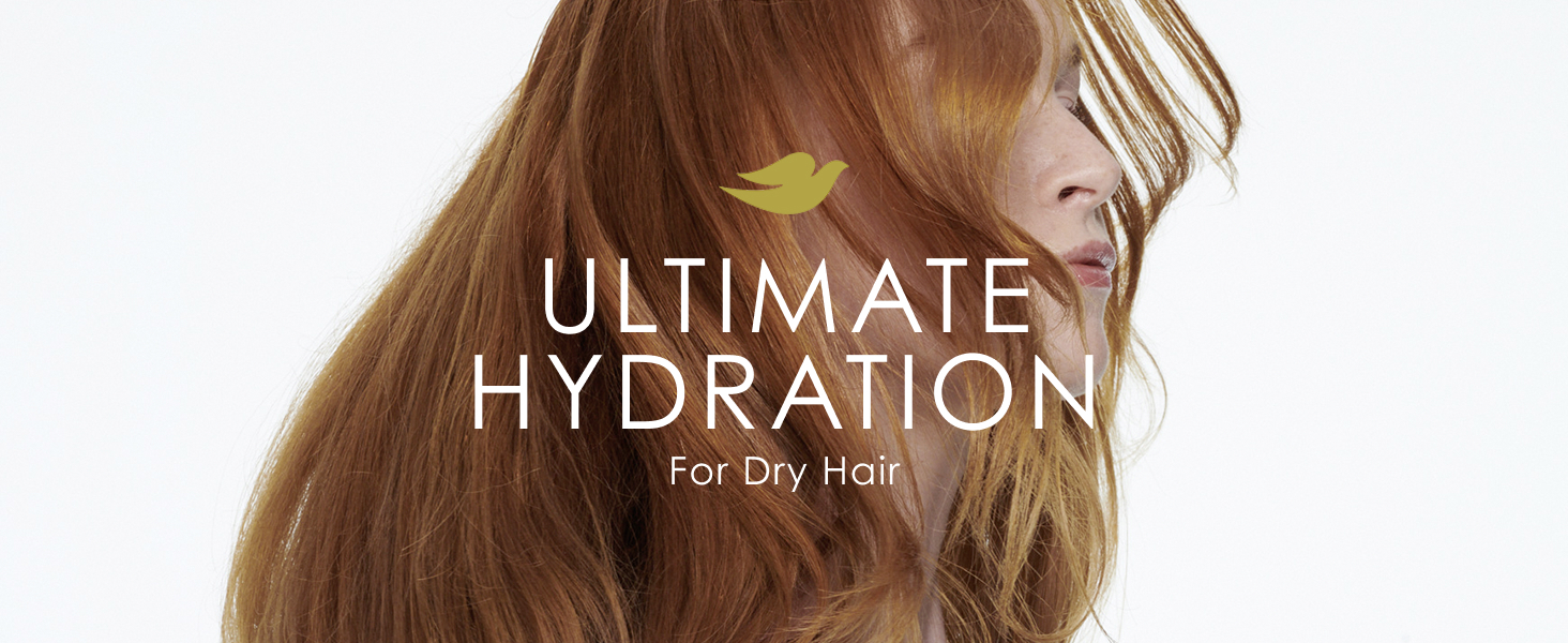 Woman with healthy-looking red hair with text in front about ultimate hydration for dry hair.