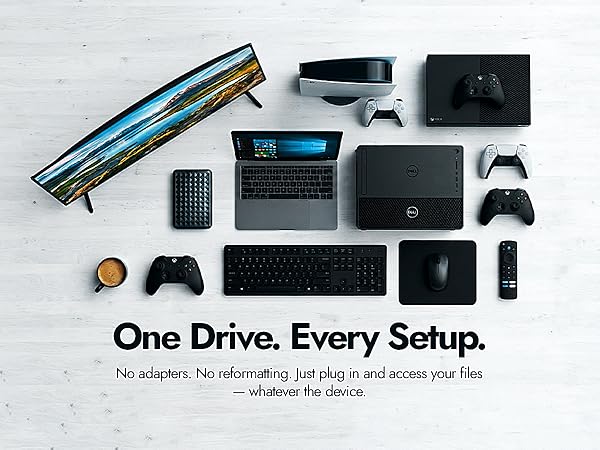 ModusTech Facet hard drive shown with laptop PC monitor PS5 Xbox keyboard mouse and Smart TV remote