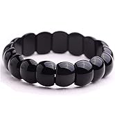 vv8oo Obsidian Bracelet Black Crystal Stone Flat Beads Stretch Hand Row Elastic String Protection...