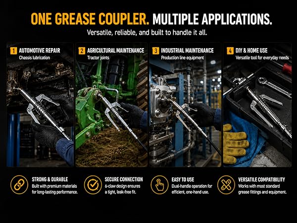 Grease coupler used for automotive, agricultural, industrial, and DIY maintenance tasks.