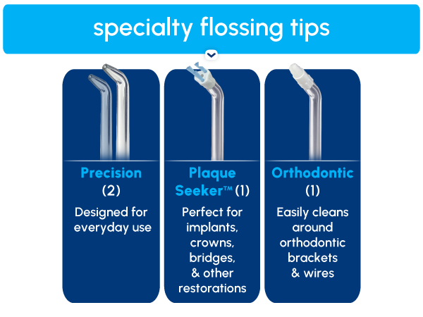 Image of Waterpik tips with text reading specialty flossing tips.