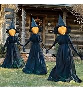NEROSUN Halloween Decorations, 4 FT Set of 3 Light Up Witches Holding Hands Witches with Stakes, ...