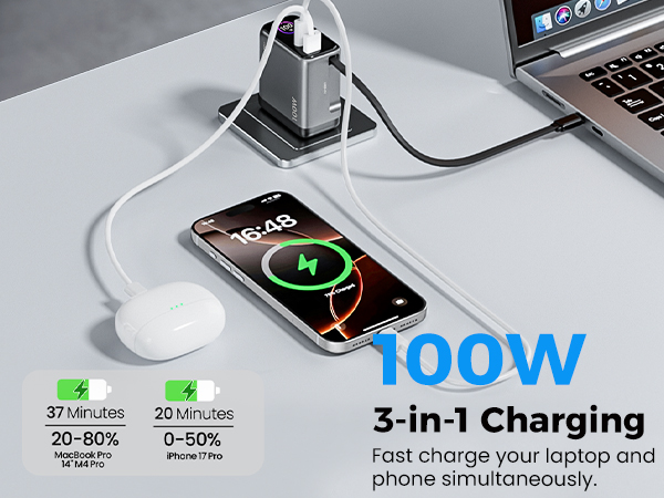 100W 3-in-1 Charging.Fast charge your laptop and phone simultaneously.