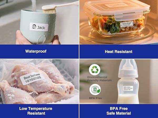 Laminated labels: Waterproof, heat/oil/scratch-resistant, BPA-free