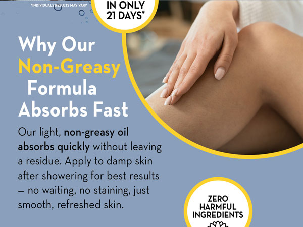 Woman touching her legs with text highlighting fast-absorbing, non-greasy skincare oil benefits.