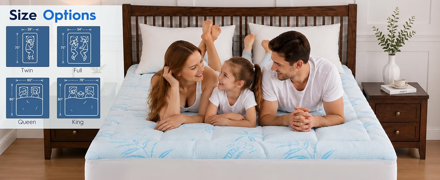 Mattress pad available in Twin, Full, Queen and King sizes for different sleep needs