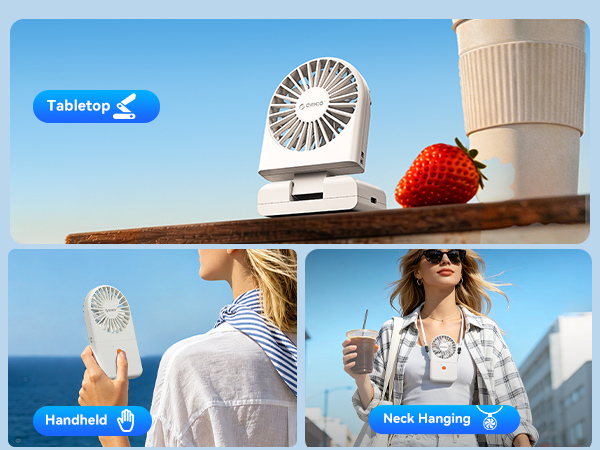 Text reads 'Tabletop' and 'Handheld'. Composite showing portable white fan, USB handheld fan with strawberry, and woman wearing sunglasses using fan in bright outdoor settings.