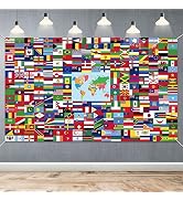World Flag Banner, 5x3ft Fabric Country Flags Backdrop International Flags Banner Backdrop with G...