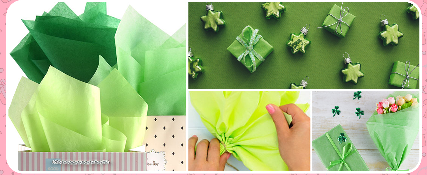 Tutorial showing how to create decorative green paper gift wrapping elements, with multiple images demonstrating folding techniques and final star-shaped ornaments.