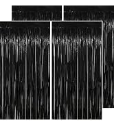 PatiCool Black Tinsel Foil Fringe Curtain Backdrop - Thicken 4 Pack 3.2 x 8.2 FT - Glitter Black ...