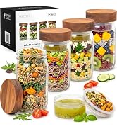 EDELHAUS 4 Pack Glass Salad Jars with Wooden Lids for Meal Prep, Leakproof Container with Two Sma...