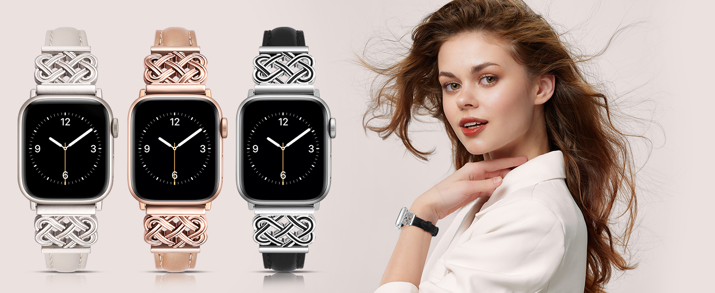 Smartwatch with interchangeable metal bands in silver, rose gold, and black. Decorative diamond-pattern straps.