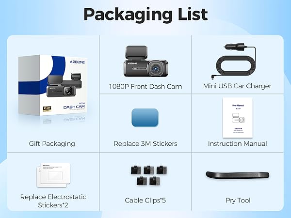 AZDOME M200 car camera packaging list