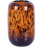 Amber Brown Glass Vase – Round Art Glass Vase with Tortoise Shell Pattern, Hand Blown Wide Mouth ...