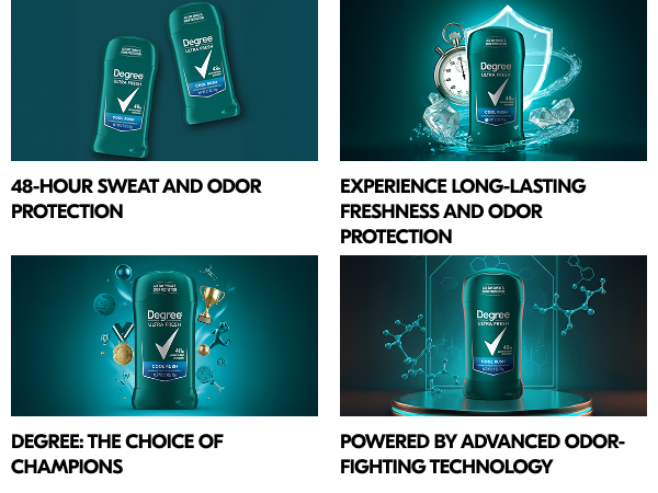 2 deo sticks, a deo with ice, shields & clocks, a deo & sports items, a deo stick & atomic designs.