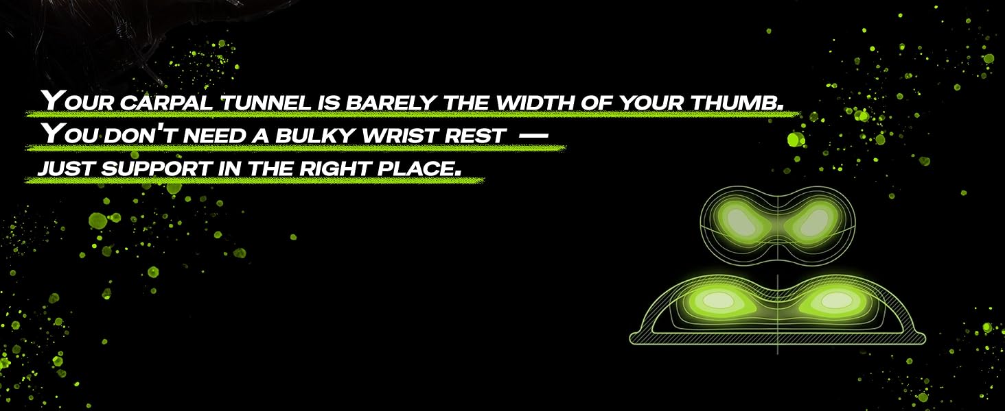 Wrist anatomy showing carpal tunnel space with ergonomic wrist rest support for mouse pad