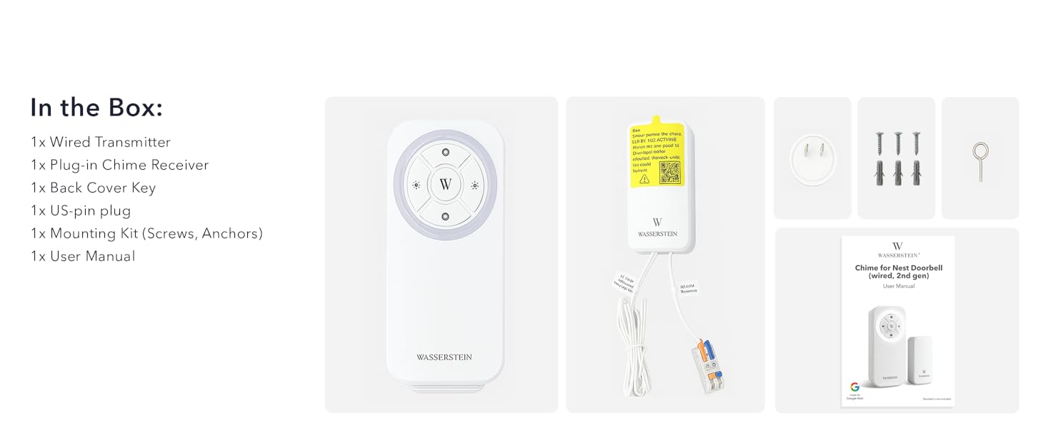 1x Wireless Chime Receiver 1x Wired Transmitter for Nest Doorbell 1x AC Power Adapter and Cable