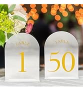 JOYIT Frosted Arch Wedding Table Numbers 1-50 with Stands – 5" X 7" Acrylic Gold Table Number Hol...