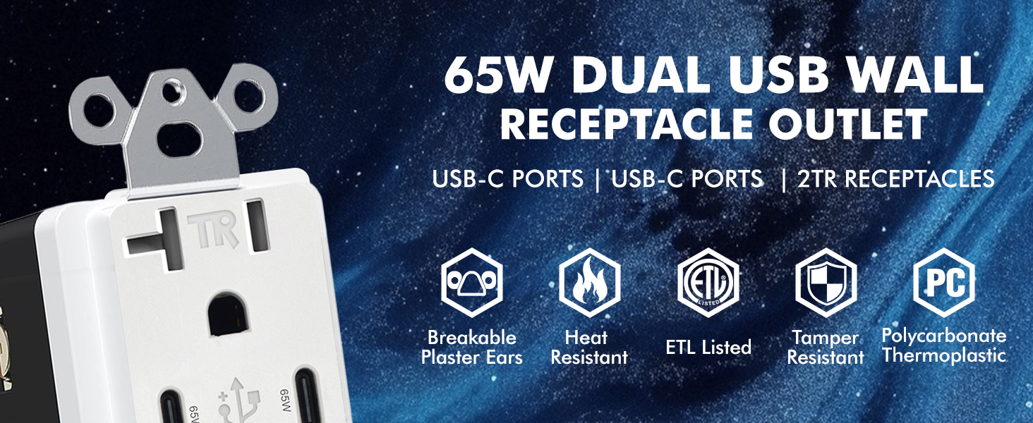 65W dual usb c wall receptacle outlet