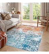 Abstract Washable Living Room Rug 5x7,Large Boho Carpet for Bedroom,Teal Orange Dining Room Rug N...
